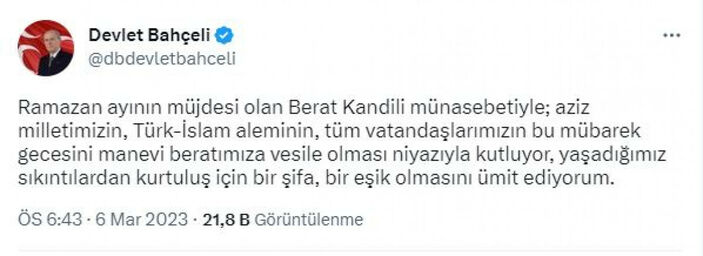 MHP Genel Başkanı Bahçeli'den, 'Berat Kandili' mesajı #1