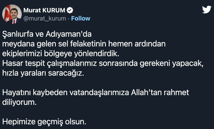 Bakan Murat Kurum'dan sel felaketi sonrası paylaşım: Hızla yaraları saracağız