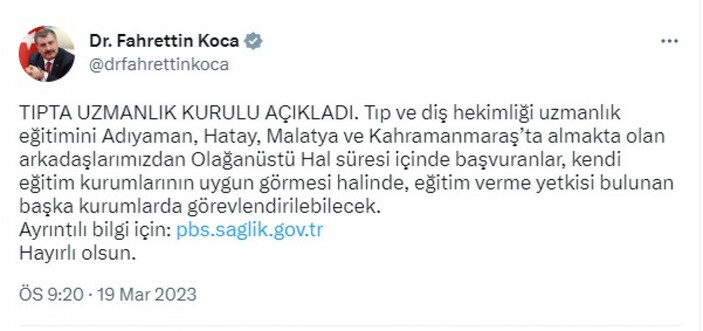 Deprem bölgesinde tıp ve diş hekimliği uzmanlık eğitimi alanlar, başka kurumlarda görevlendirilebilecek #1