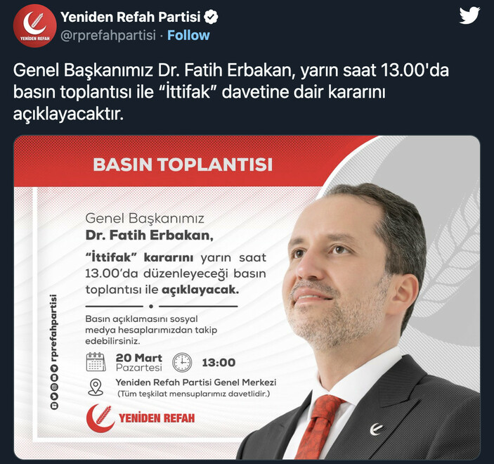 Yeniden Refah Partisi lideri Fatih Erbakan'ın ittifak kararını açıklayacağı gün ve saat belli oldu