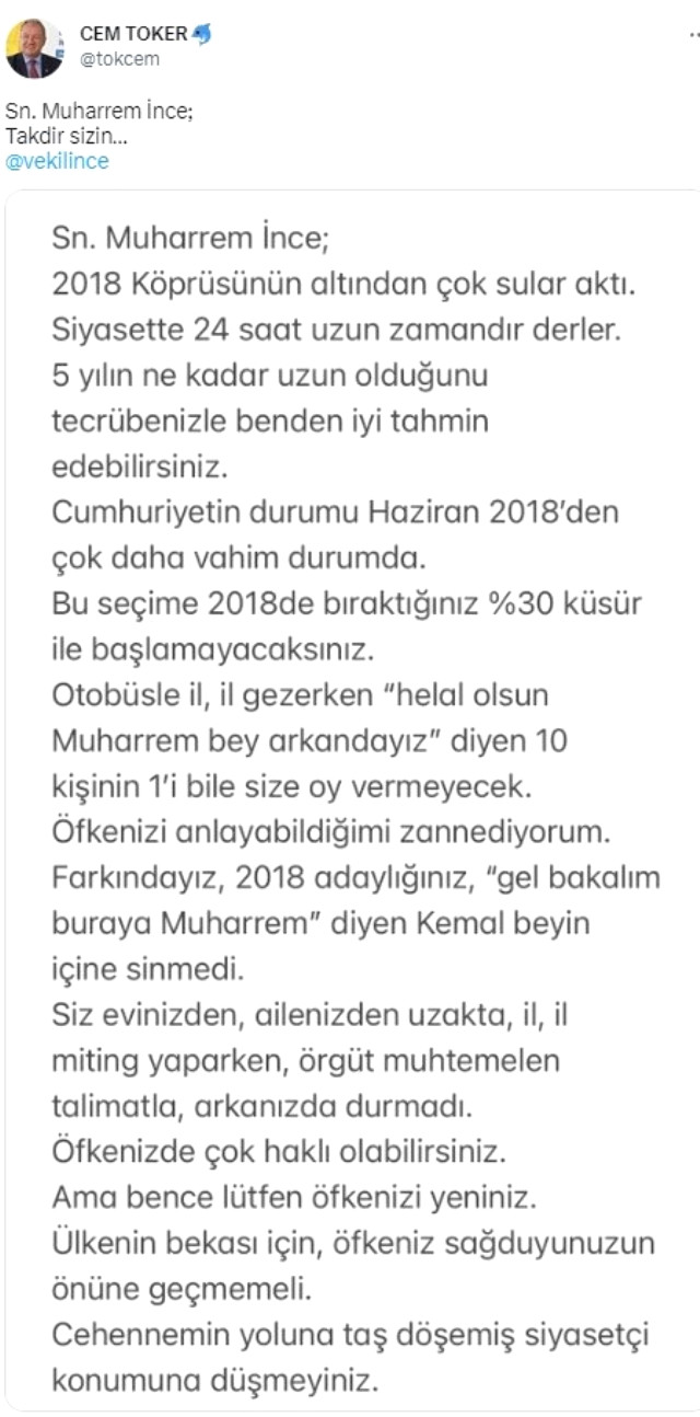 Muharrem İnce'den Cem Toker'e yanıt: Tek adayla girilmesi Cumhur İttifakı'nın işine geliyor