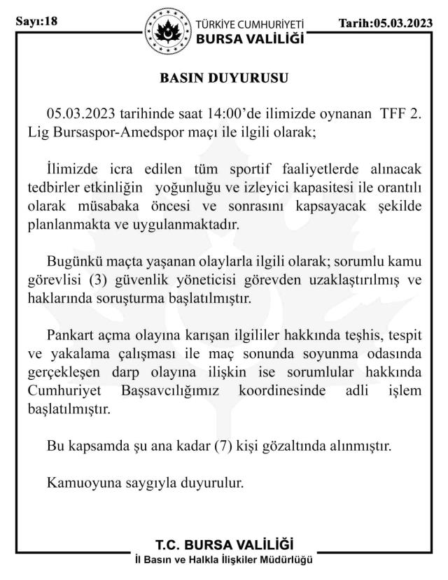 Olayların durulmadığı Bursaspor-Amedspor maçı sonrası 7 kişi gözaltına alındı